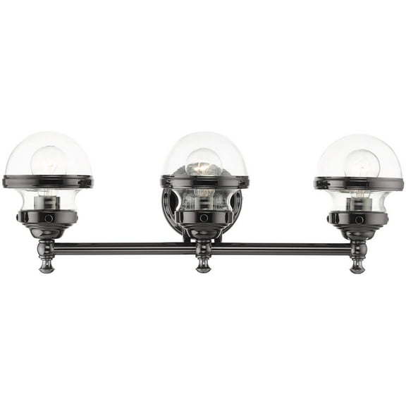 24 inch 3 Light Polished Black Chrome Bathroom Vanity light fixture with Hand Blown Clear Glass Shade