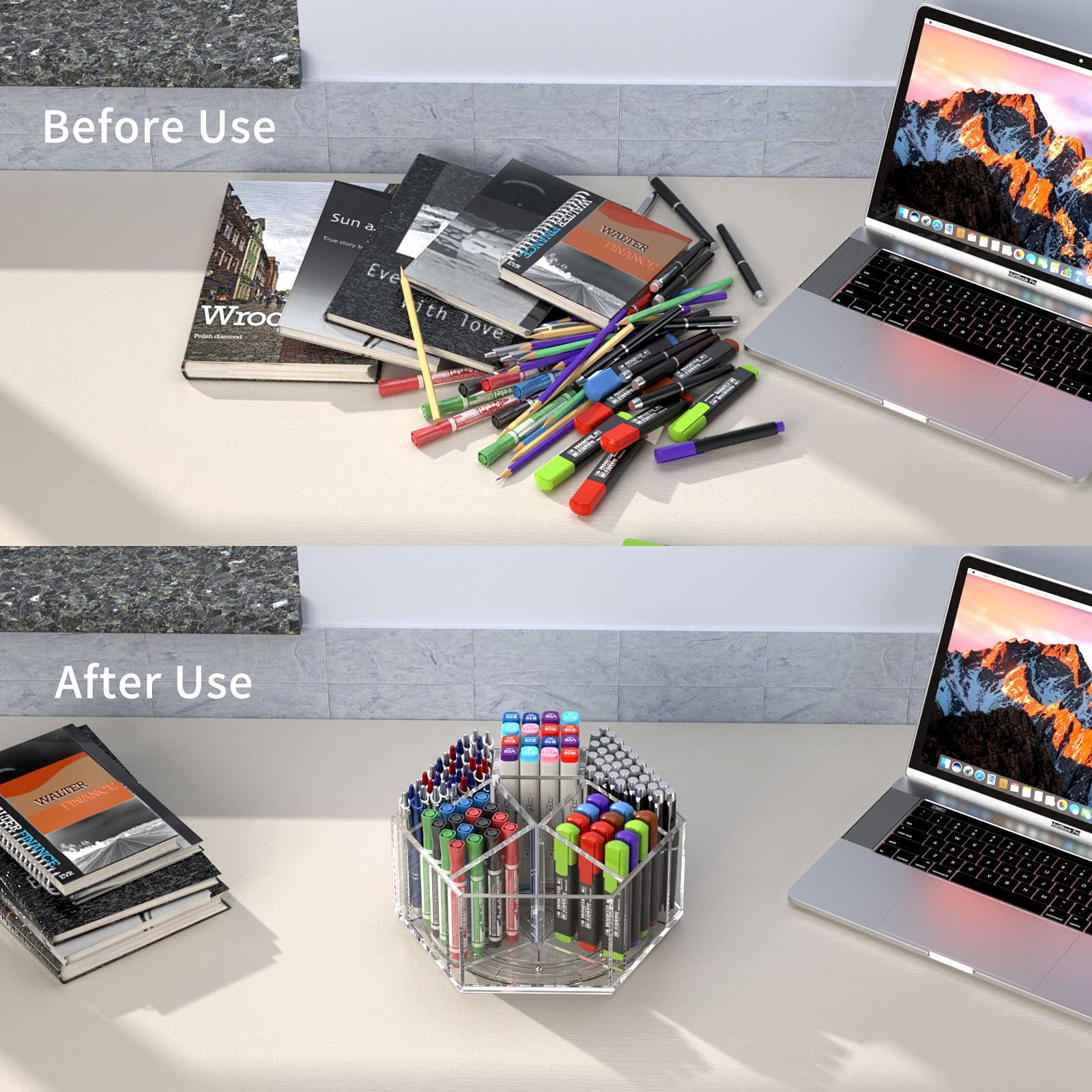 NIUBEE Acrylic Pen Holder, 360 Degree Rotating Pencil Organizer, Crayon Organizer, Marker Holder, Caddy Art Supply Organizer for Desk, Large Desk Organizer for Office Home