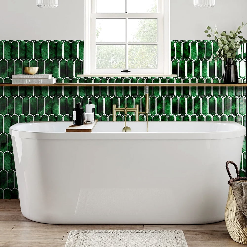 Green Straight Linear Peel and Stick Tile Backsplash 10 Sheets Backsplash Stick on Tiles for Kitchen Waterproof Smooth Wall Backsplash Renter Friendly Tiles for Bathroom Walls 12"x12"