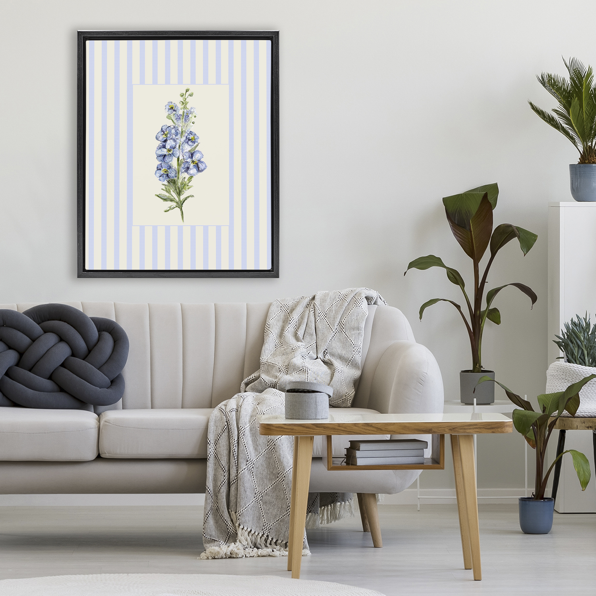 Blue Stripe Larkspur Black Framed Floater Canvas Wall Art, design by Lisa Wehmeyer