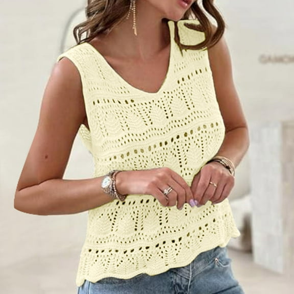 Women's Summer V Neck Crochet Tank Top Trendy Sleeveless Shirt Lightweight Comfortable Casual Blouse Tunic Vest
