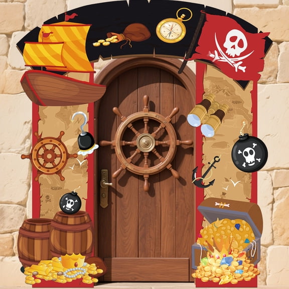 Pirate Birthday Party Decorations, 142Pcs Red Black Metallic Gold Balloon Garland Arch Kit with Pirate Ship Foil Mylar Balloon For Birthday Party