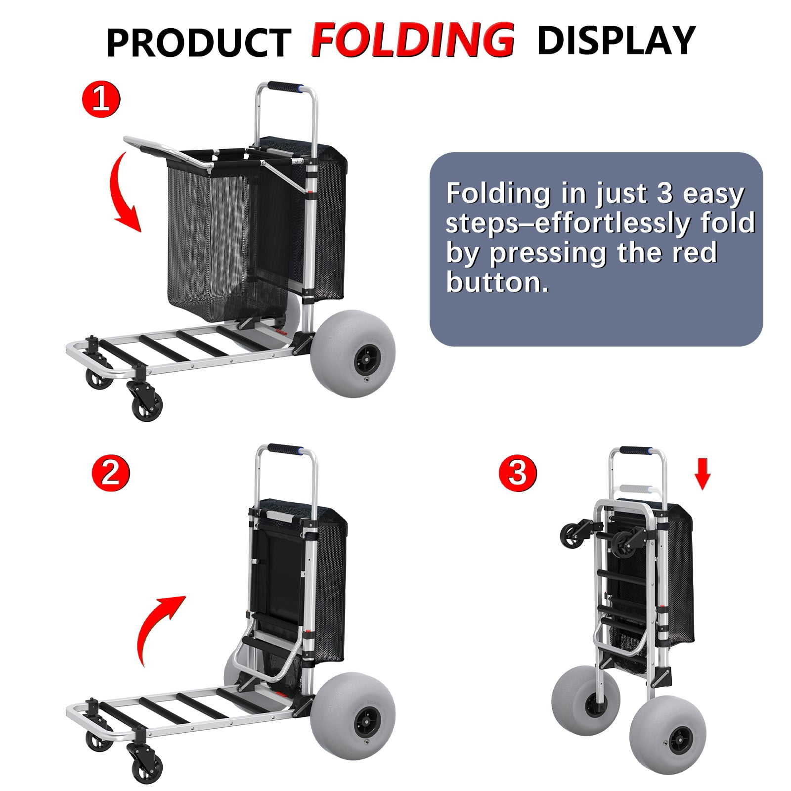GDLF Foldable Beach Cart with Adjustable Handle and 12" Balloon Wheels, Heavy Duty Aluminum  220LBS Capacity