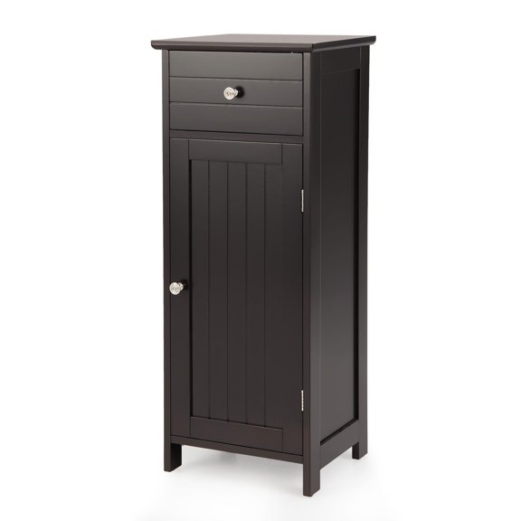 Giantex Wooden Bathroom Floor Cabinet, Freestanding Storage Cabinet w/Adjustable Shelf & Anti-Tilt Design, Brown