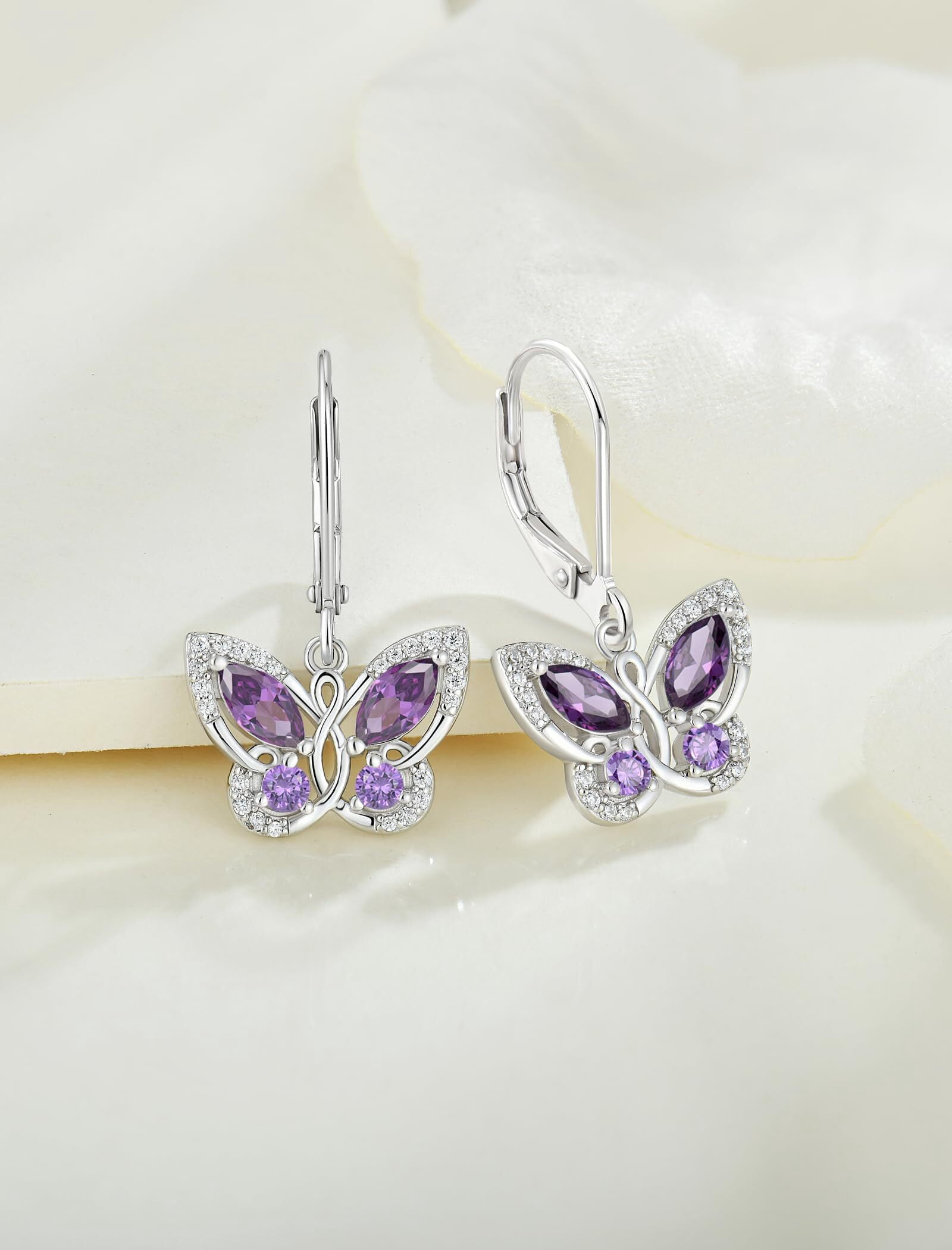 Starchenie Butterfly Earrings for Women 925 Sterling Silver Leverback Earrings Birthstone February Amethyst Butterfly Jewelry Gifts