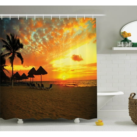 Seaside Decor Shower Curtain Set Sunset Scene At Beach Resort
