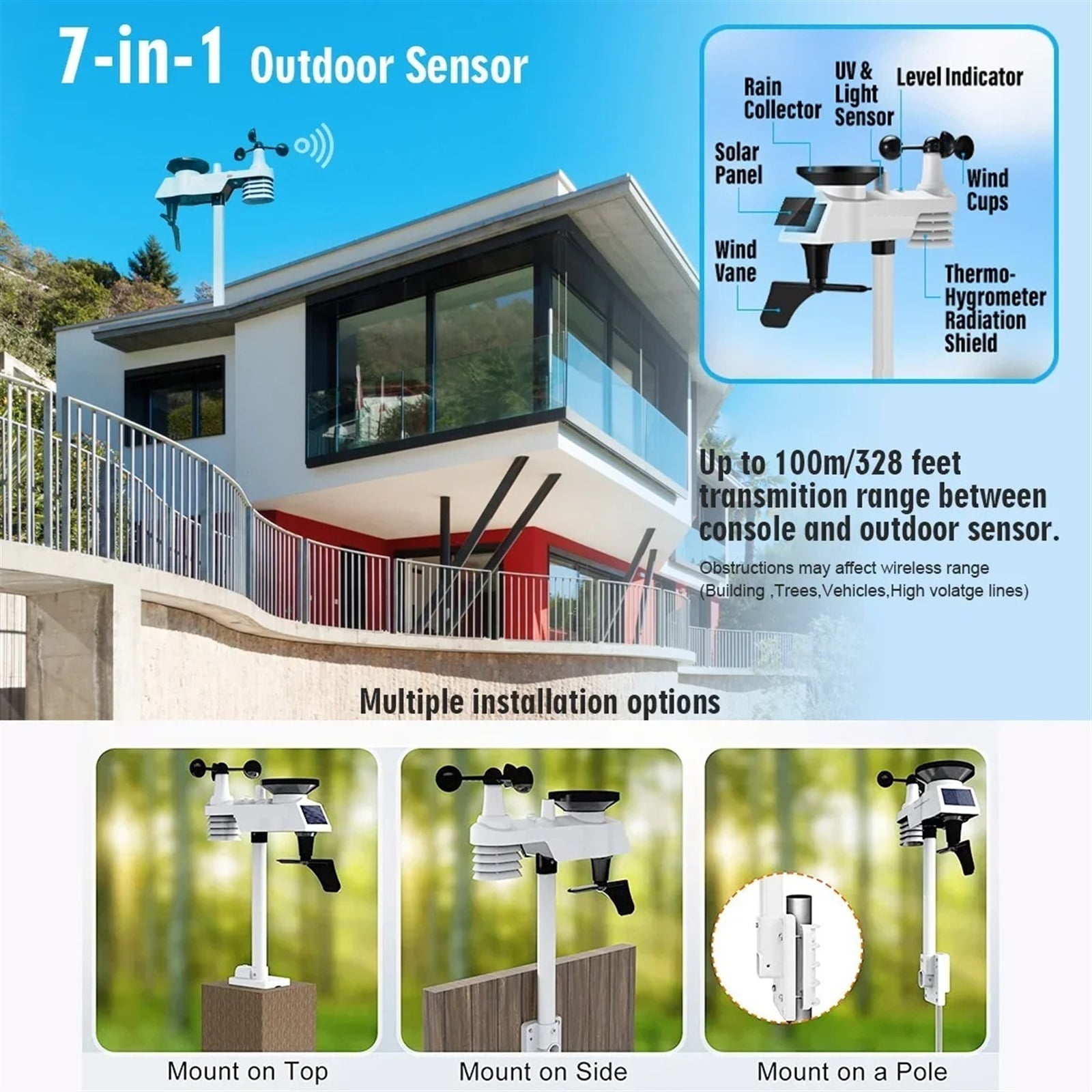 0320 Wireless Weather Stations 10 Inch Large Display Indoor Outdoor Thermo-hygrometer Rain Gauge Wind Speed 8 Channel Supports ,High Precision