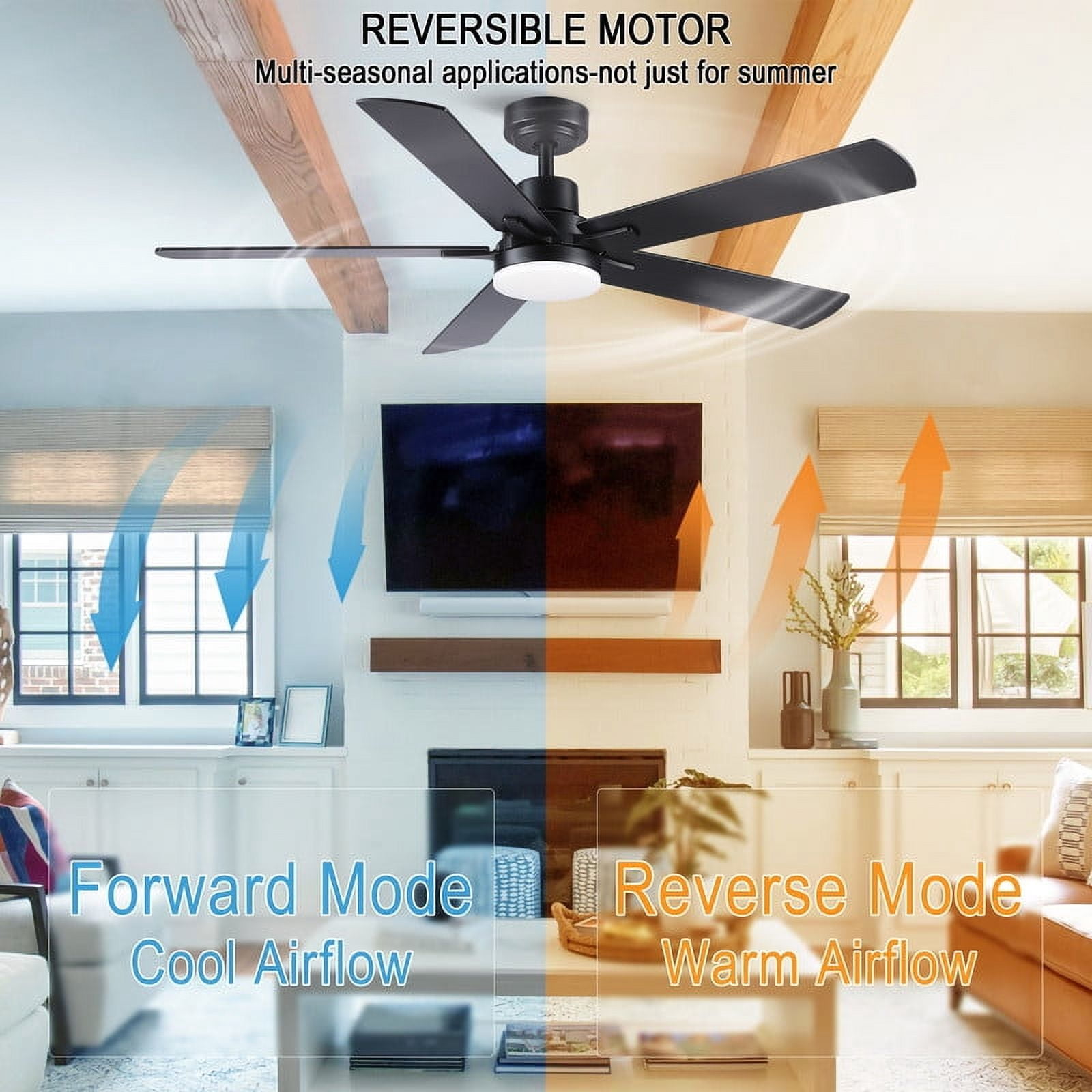Wellspeed 52 in. Modern Ceiling Fan with Dimmable Light, for Indoor, Remote Control, 6 Speeds Reversible DC Motor, Black