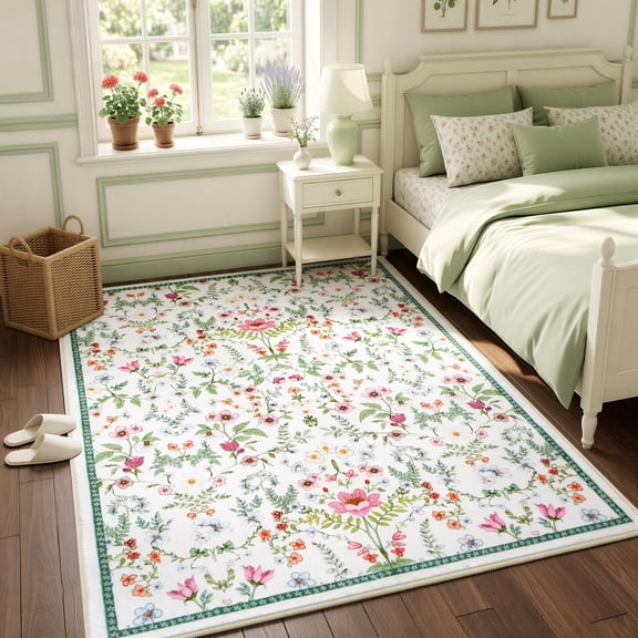 WANLISELL 5'x7' Area Rugs for Living Room, Boho Floral Print Soft Washable Rug, Non-Slip Low Pile Indoor Carpet for Bedroom, Office, Dining Room, Home Decor, Green