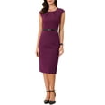thumbnail image 2 of INSPIRE CHIC Women's Elegant Dress Cap Sleeve Belted Wear-to-Work Sheath Dresses M Fuchsia, 2 of 6