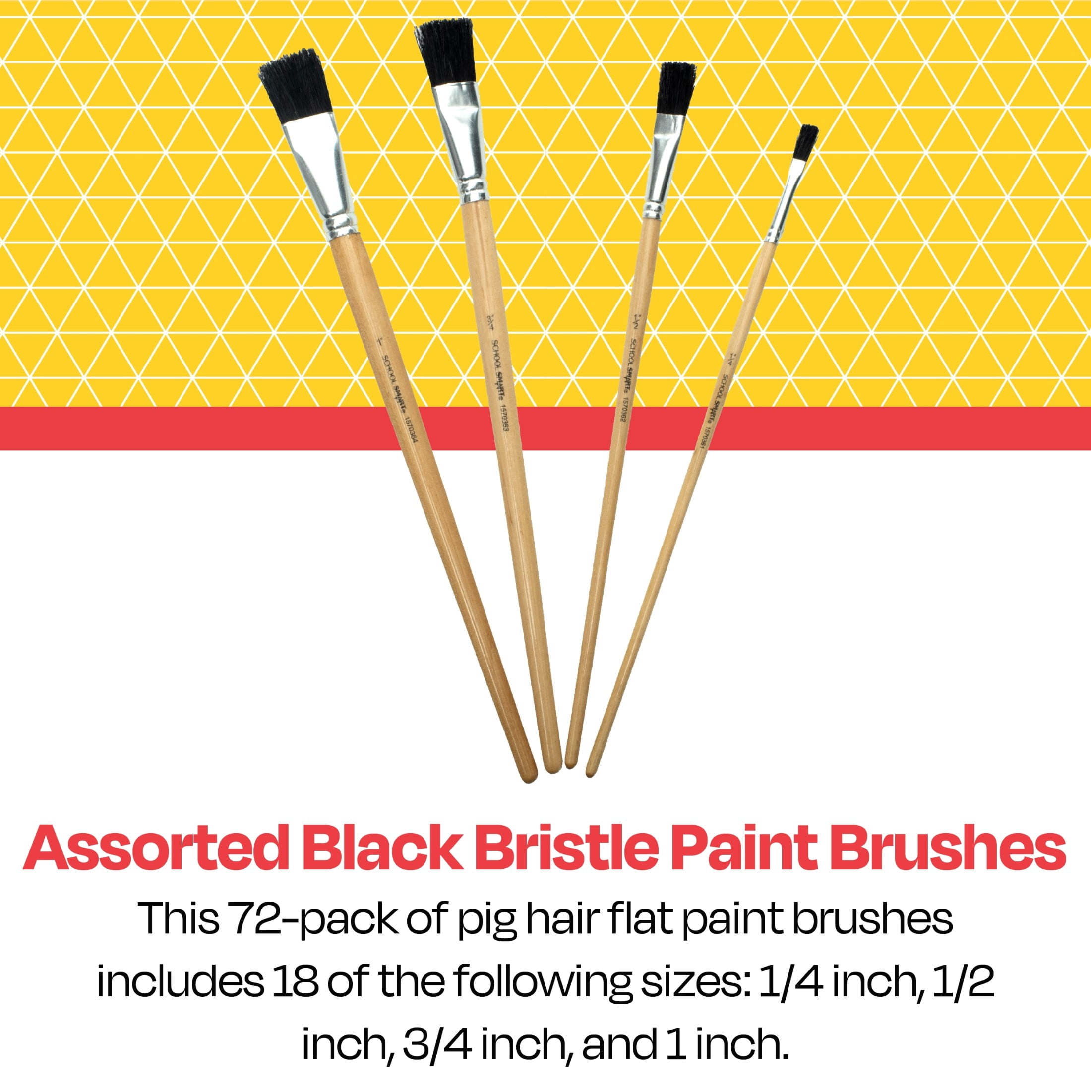 School Smart Interlocked Black Bristle Long Enameled Hardwood Handle Paint Brush Set 72- Clear