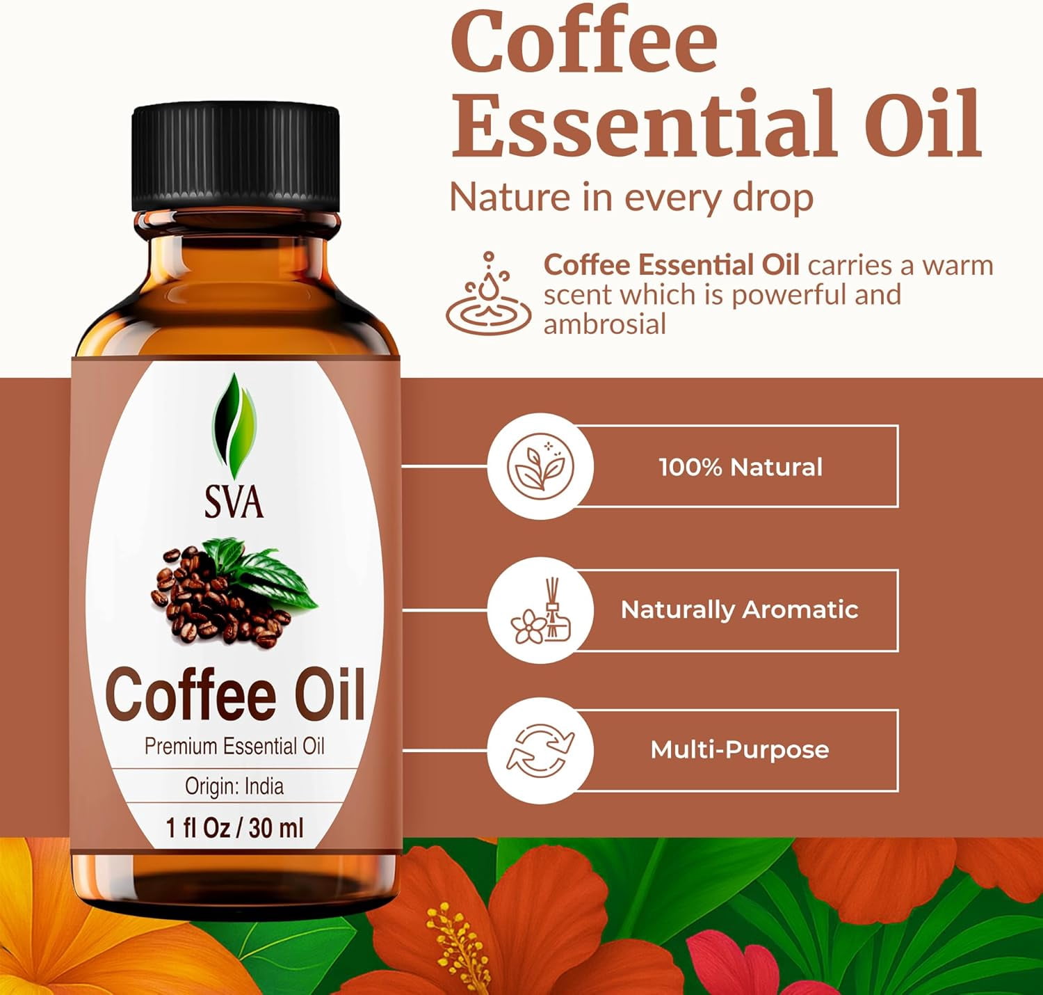 SVA Coffee Essential Oil – 1 Fl Oz – 100% Natural Coffee Oil - for Diffuser, Hair Care, Face, Skin Care, Aromatherapy, Scalp and Body Massage, Soap and Candle Making - with Dropper