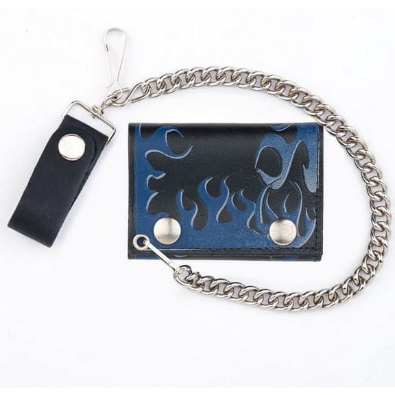 Men's Blue Flames Leather Tri-Fold Biker Chain Wallet