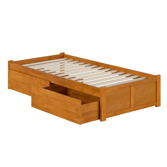 Twin XL Platform Bed with Drawers, Solid Wood Frame in Light Toffee