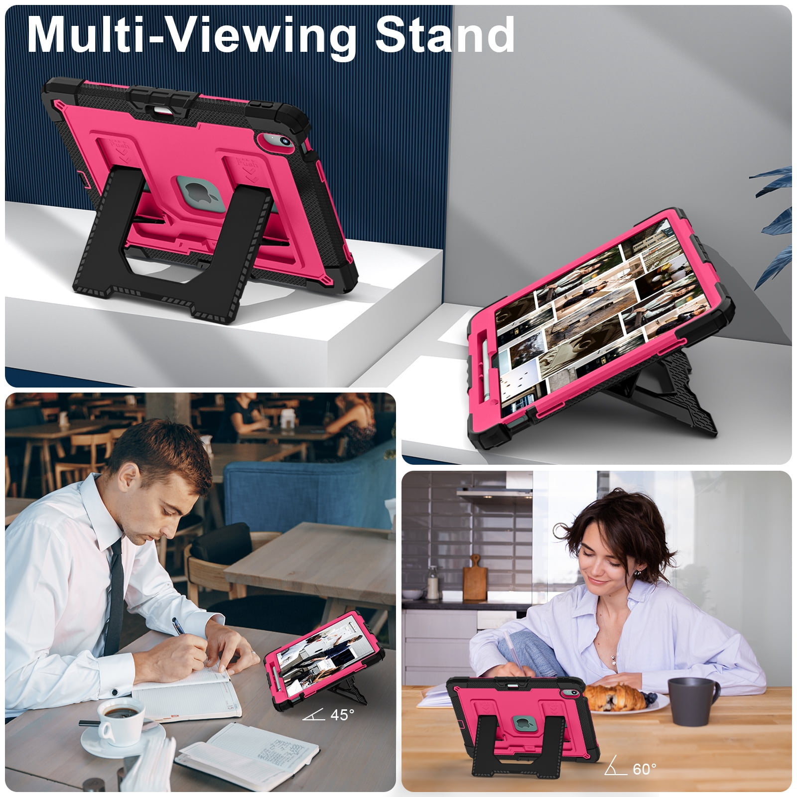 ELEHOLD 3-Layer Rugged Case For Apple iPad Air 13‑inch (M4) 2026, Heavy Duty Shockproof Logo Visible Foldable Kickstand Drop Protection Cover with Pencil Holder + Shoulder Strap, Black+Rose