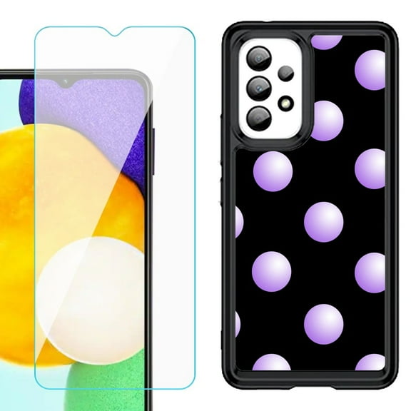 Shockproof Bumper (Black Frame) phone Case for Samsung Galaxy A23 5G, with Tempered Glass Screen Protector, by OneToughShield ® - Polka Dot / Purple