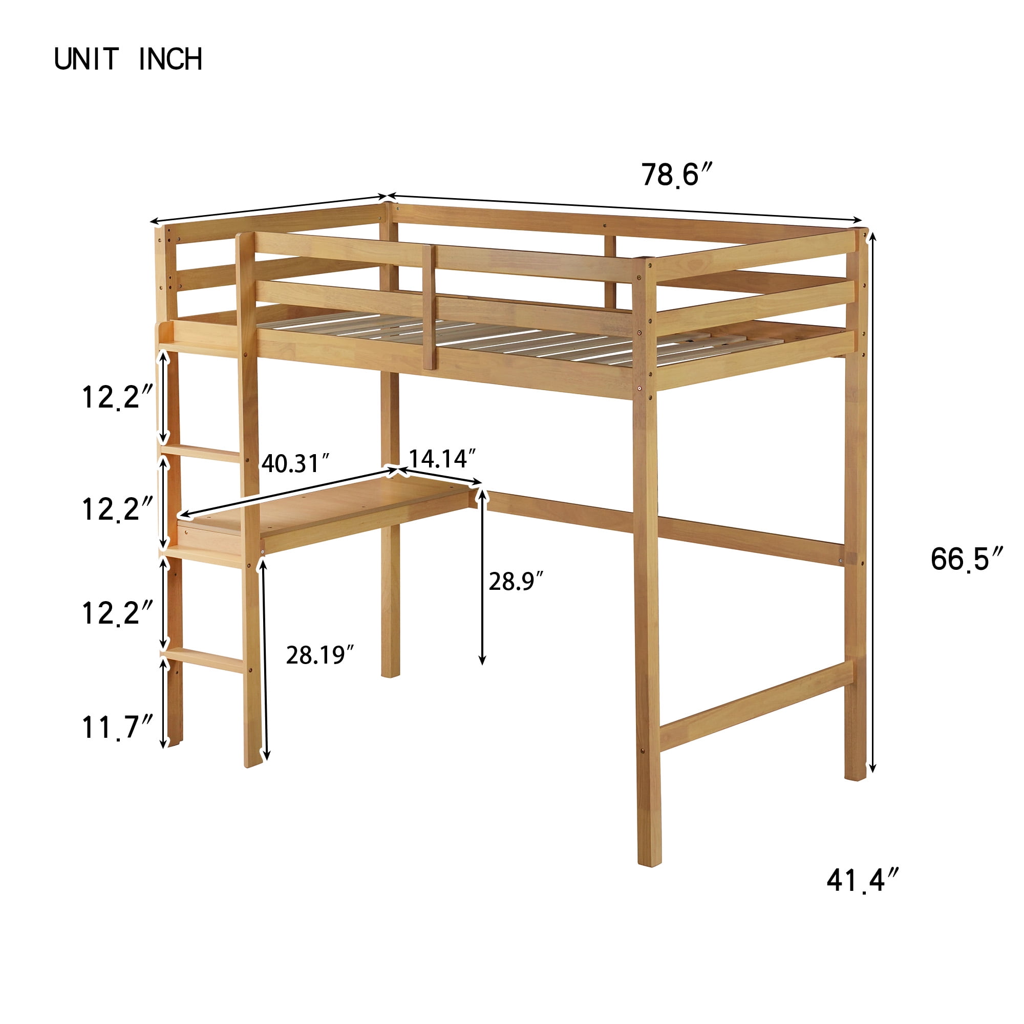 Alvantor Wood Twin Loft Bed with Desk, Safety Rail & Ladder, White Oak