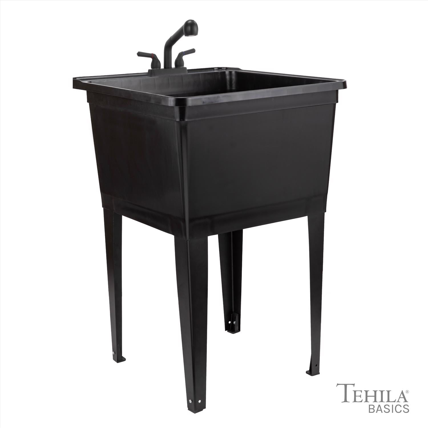 Tehila Standard Freestanding Black Laundry/Utility Sink, Black Finish Pull-Out Faucet