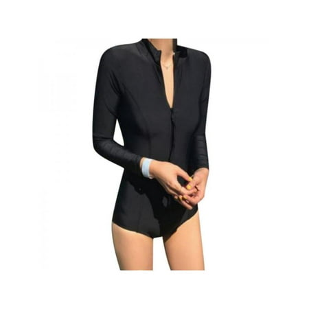 Lavaport Women Long-Sleeved Zipper One-Piece Swimsuit Elastic Tummy Control