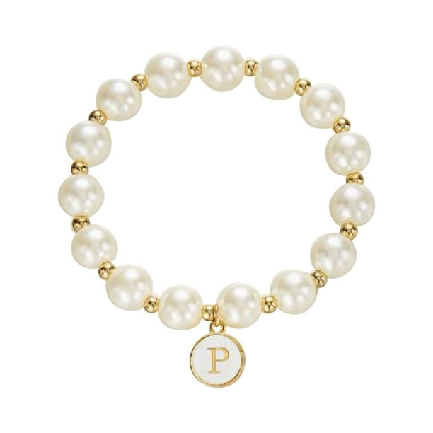 Imitación de perlas 26 alfabeto etiqueta pulsera de moda y versátil pulsera de cuentas de cordón elástico para las mujeres pulsera de cuentas para los seres queridos y (M S)