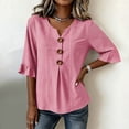 thumbnail image 6 of LEKWK 3/4 Length Sleeve Womens Tops V Neck Button Ruffle Cuff Striped Casual Shirts Lightweight Loose Fit Comfy Summer Tops Fashion Beach Vacation Outfits, 6 of 6