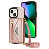 Dteck Crossbody Wallet Case for iPhone 15 Plus with Card Slots Holder, Magnetic Flip Folio Purse Case, PU Leather Zipper Handbag with Detachable Lanyard Strap for iPhone 15 Plus,Pink