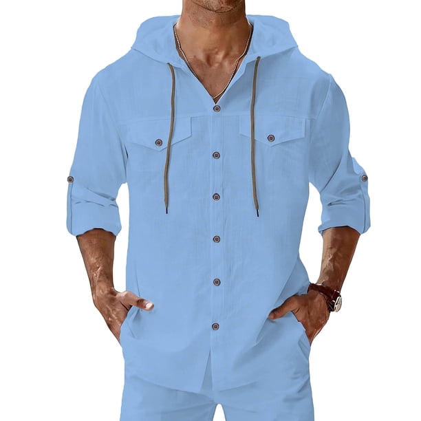 Camisa de Manga Corta Botón Arriba Casual Cuello Redondo Tela Delgada para el Ejercicio Y el Uso Diario, Camisas de Manga Larga Casual de Moda con Capucha con Bolsillos