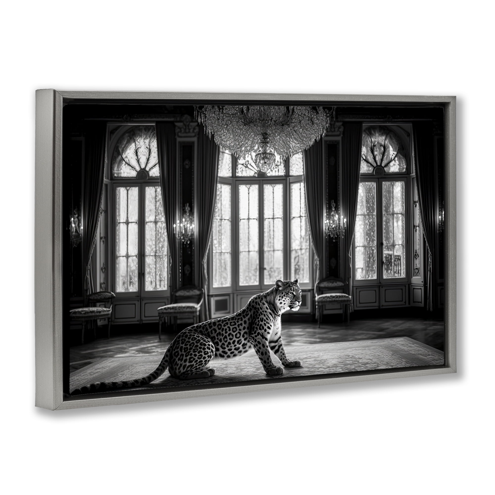Snow Leopard in Opulent Mansion Gray Framed Floater Canvas Wall Art, design by Decent Exposures