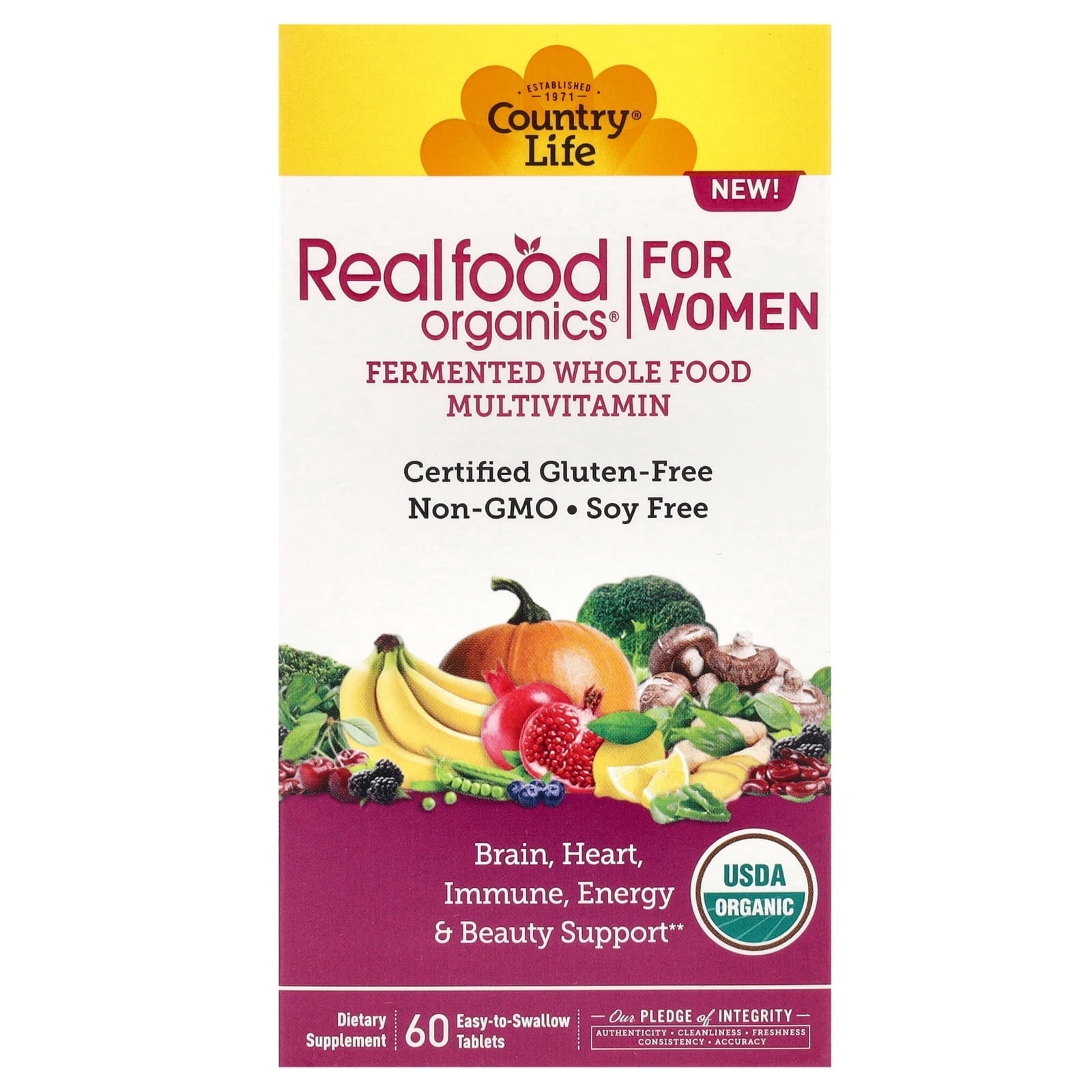 Country Life Realfood Organics Women’s Multivitamin – USDA Organic, Vegan, Gluten-Free – 1,300mg Fermented Whole Foods, Vitamins D, E, B, Folate & Biotin – Daily Energy & Beauty – 60 Tablets