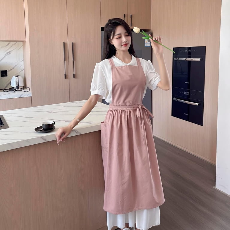 Pinafore Apron DressJapanese Cotton Linen Cross Back Apron for Women with PocketsDress with Waist Ties (Turquoise Blue), Size: 39.37, Pink