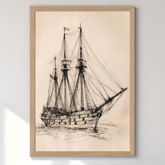 Vintage Sailing Ship Sketch Poster, Rustic Nautical Line Art, Old Maritime Wall Decor, Antique Sailboat Art, Size 8x12 UNFFRAMED F03.1.7l2787
