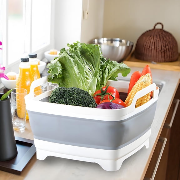 KISRAIS Collapsible Dish Basin with Drain Plug, 9L 2.4 Gallon Portable Wash Basin Dishpan Space Saving Dish Washing Tub Foldable Sink Tub Kitchen Storage Tray Grey