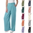 thumbnail image 4 of FUNUONY Wide Leg Pants Woman Pull On Stretchy Work Dress Pants High Waisted Business Casual Trousers Slacks Solid Color Straight Loose Yoga Pants Streetwear Stretchy Baggy Joggers Pants Blue S, 4 of 8
