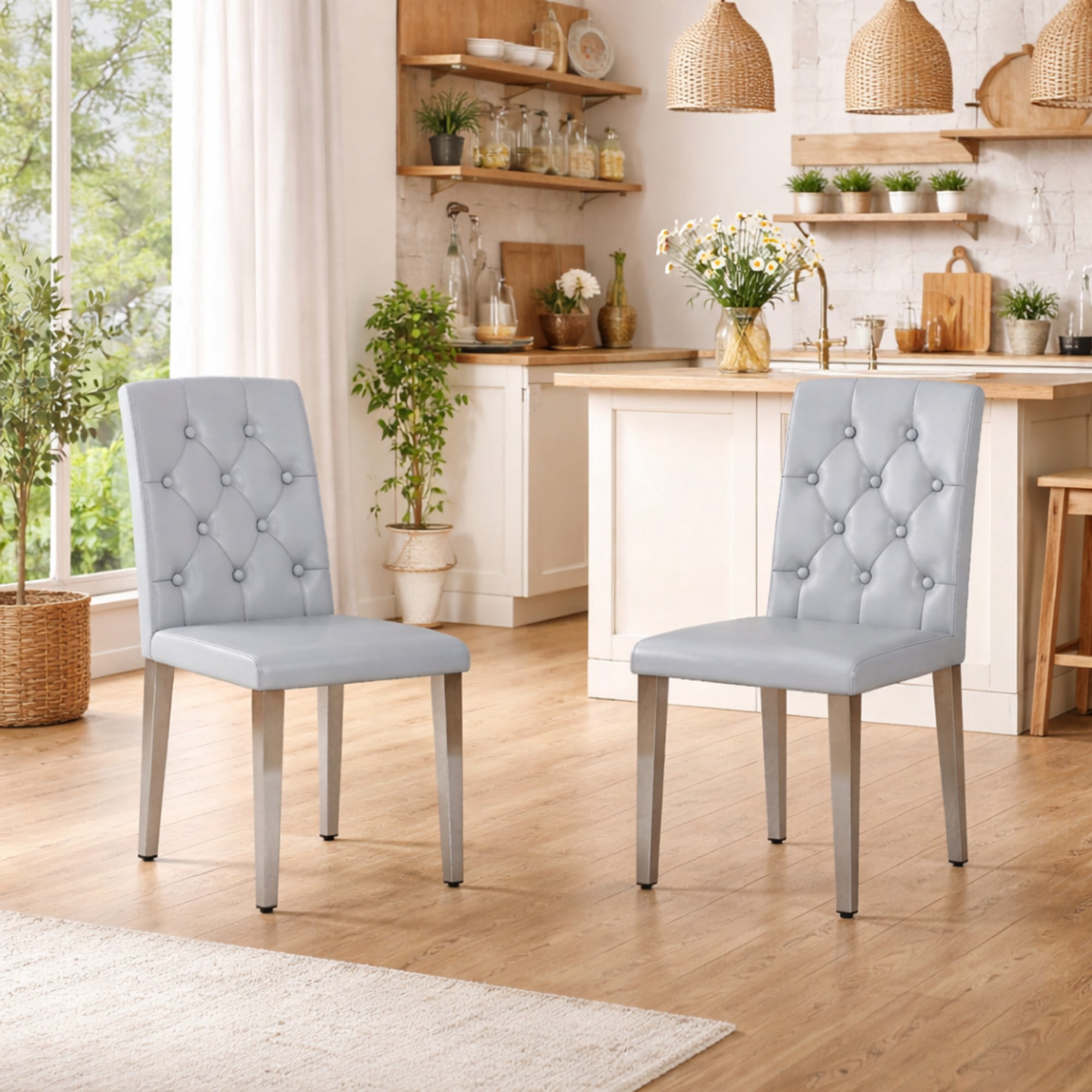 TesNus Dining Chairs Set of 2, 35" Height Light Gray PU Leather Tufted Back Upholstered Chairs with Silver Metal Legs for Dining Room Kitchen