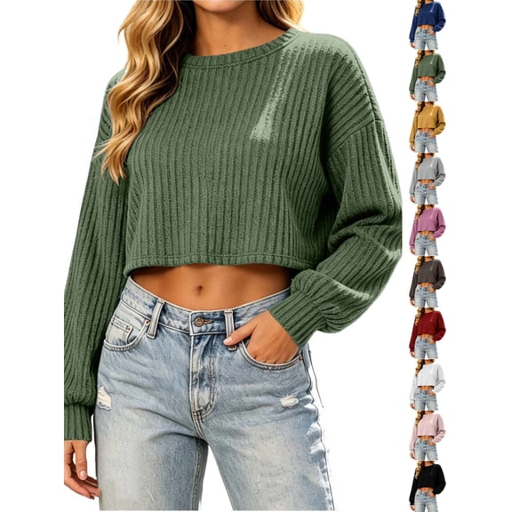 Chiccall Womens Crew Neck Cropped Sweaters Ribbed Knit Long Sleeve Crop Tops Pullover for Fall Winter