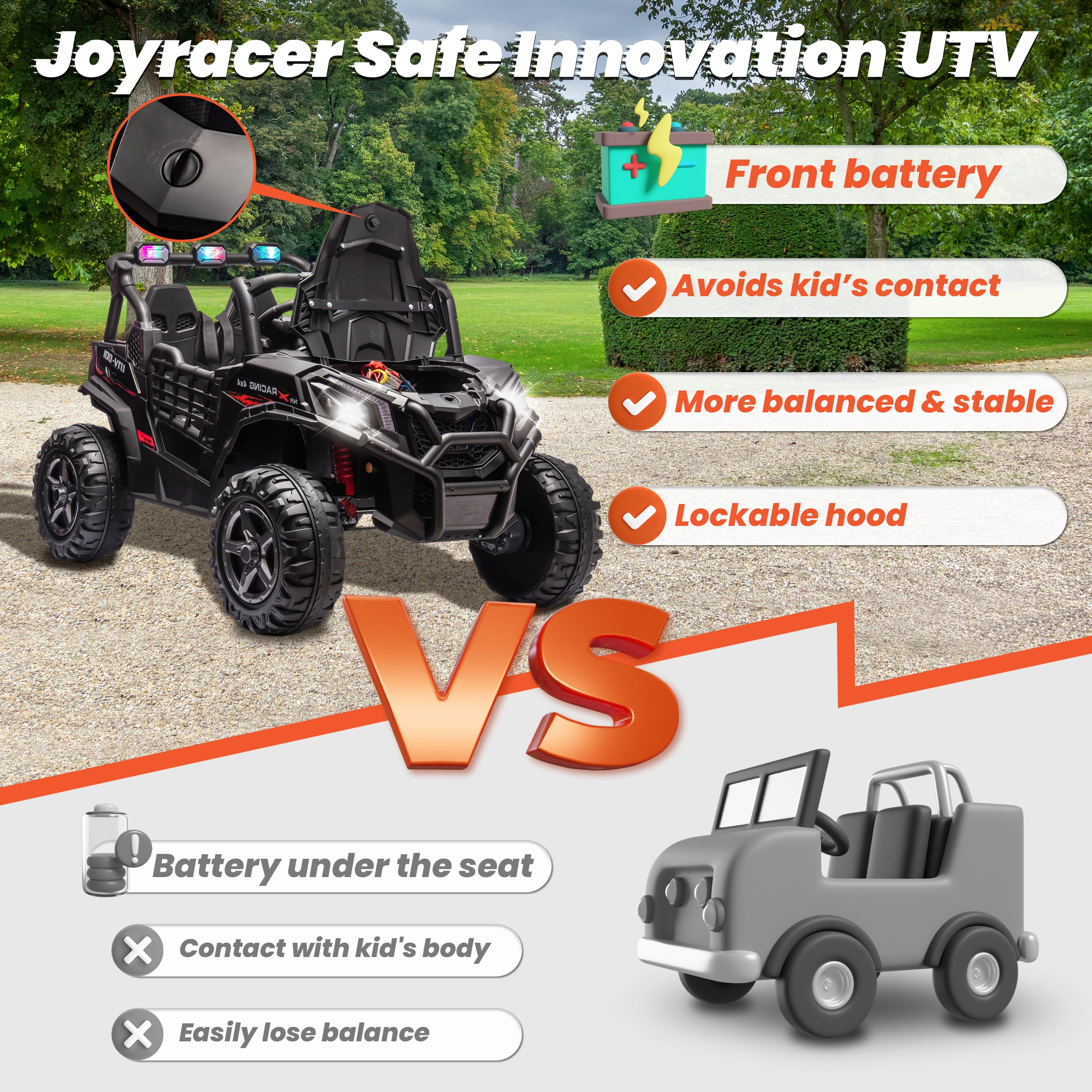 Joyracer 4WD 24V Ride on Toys Car w/ 2 XL Seater Remote Control, Electric UTV w/ 4*200W Motor, Power Car Wheels, LED Lights, Spring Suspension, 3 Speeds, Bluetooth Music, Black