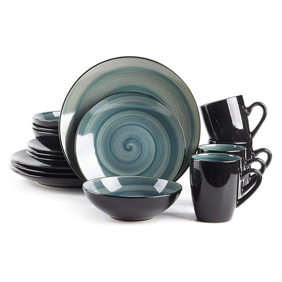 Stoneware Dinnerware Set, 16pc - Sonoma Black   Blue Speckled Spin Wash - Service for 4 - Plates, Bowls & Mugs - Dishwasher & Microwave Safe