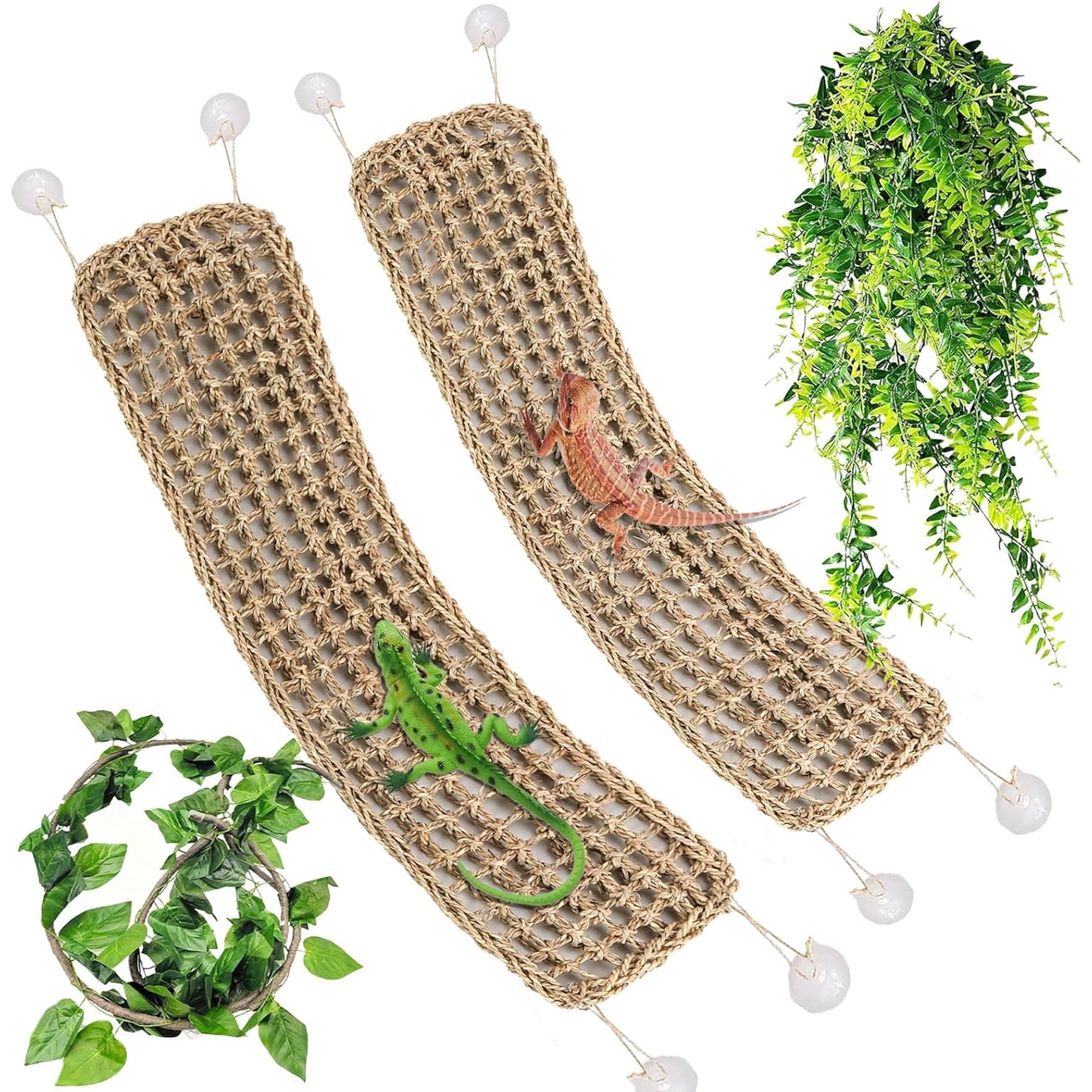 2 Pack Large Bearded Dragon Hammock,30"x7"Lizard Climbing Lounger,Natural Seagrass Reptile Hammocks Tank Accessories with Flexible Vines Jungle Leaves Decor for Geckos Snakes Chameleon