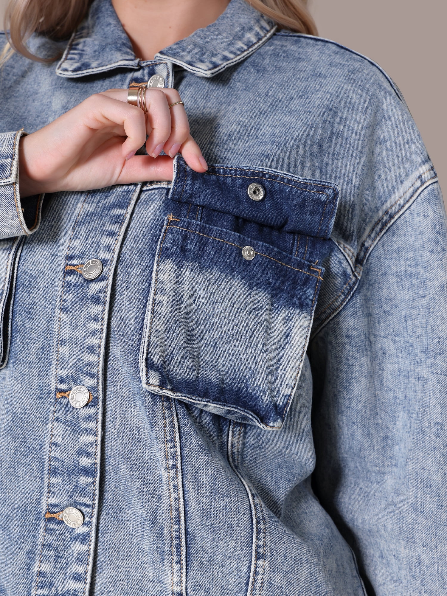 DARING DIVA Women's Button Down Cargo Denim Western Outfits 2XL Gray Blue
