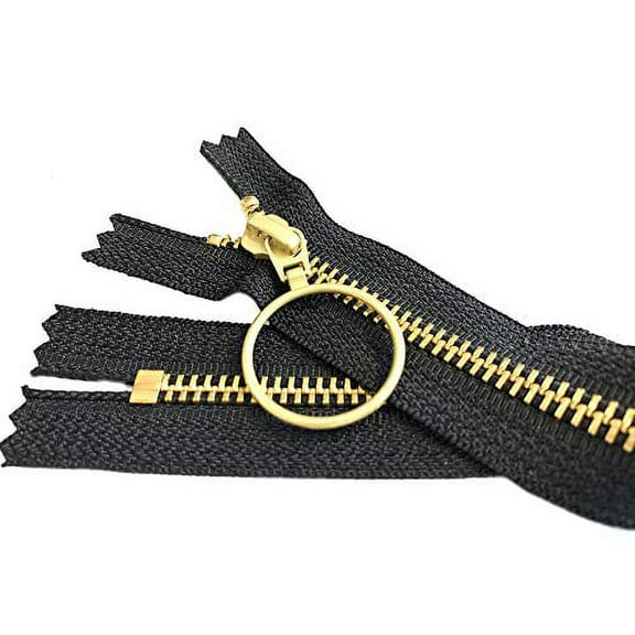 9 inches YKK Number 5 Golden Brass Metal 10 Zippers with A Ring Pull Closed End Black for Apparel, Bags, Sewing & Crafts Projects - Made in USA