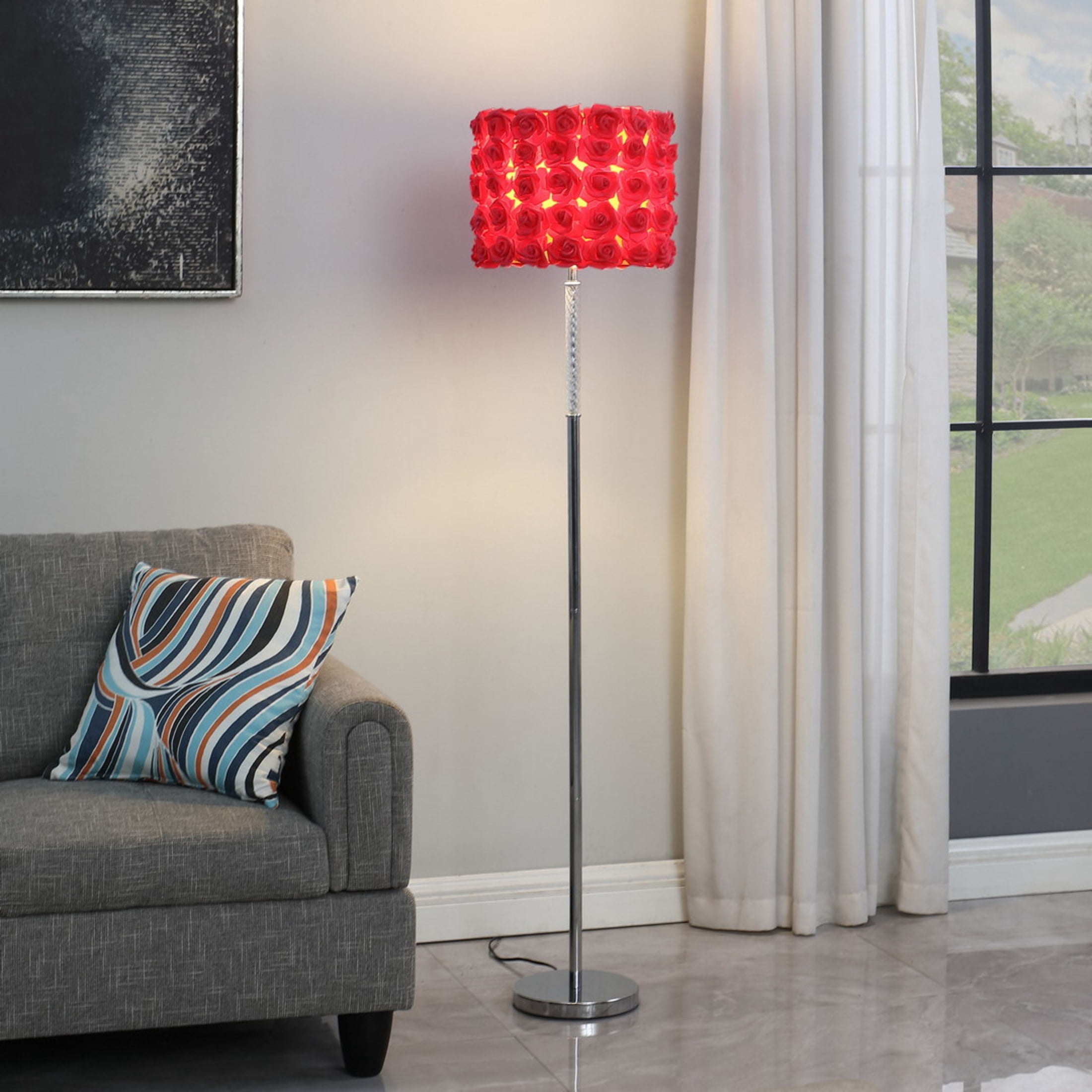 Noble House 63" Roses Floor Lamp, Twisted Acrylic Body, Drum Shade, Step-On Switch, Chrome Base, Red