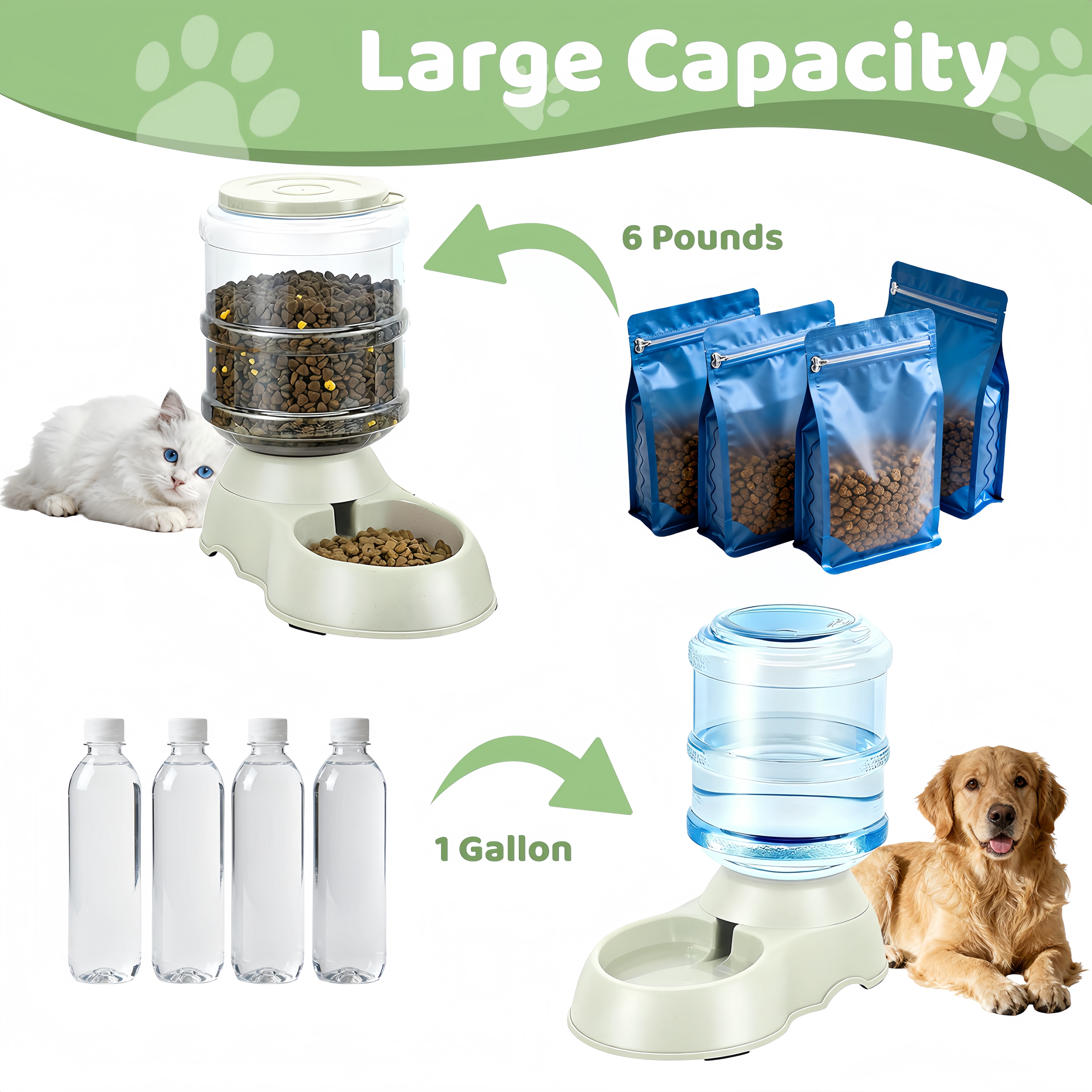 2 Pack Automatic Cat Feeder and Water Dispenser in Set Pet Food Bowl for Small Medium Dog Pets Puppy Kitten Big Capacity 1 Gallon x 2 (Green)