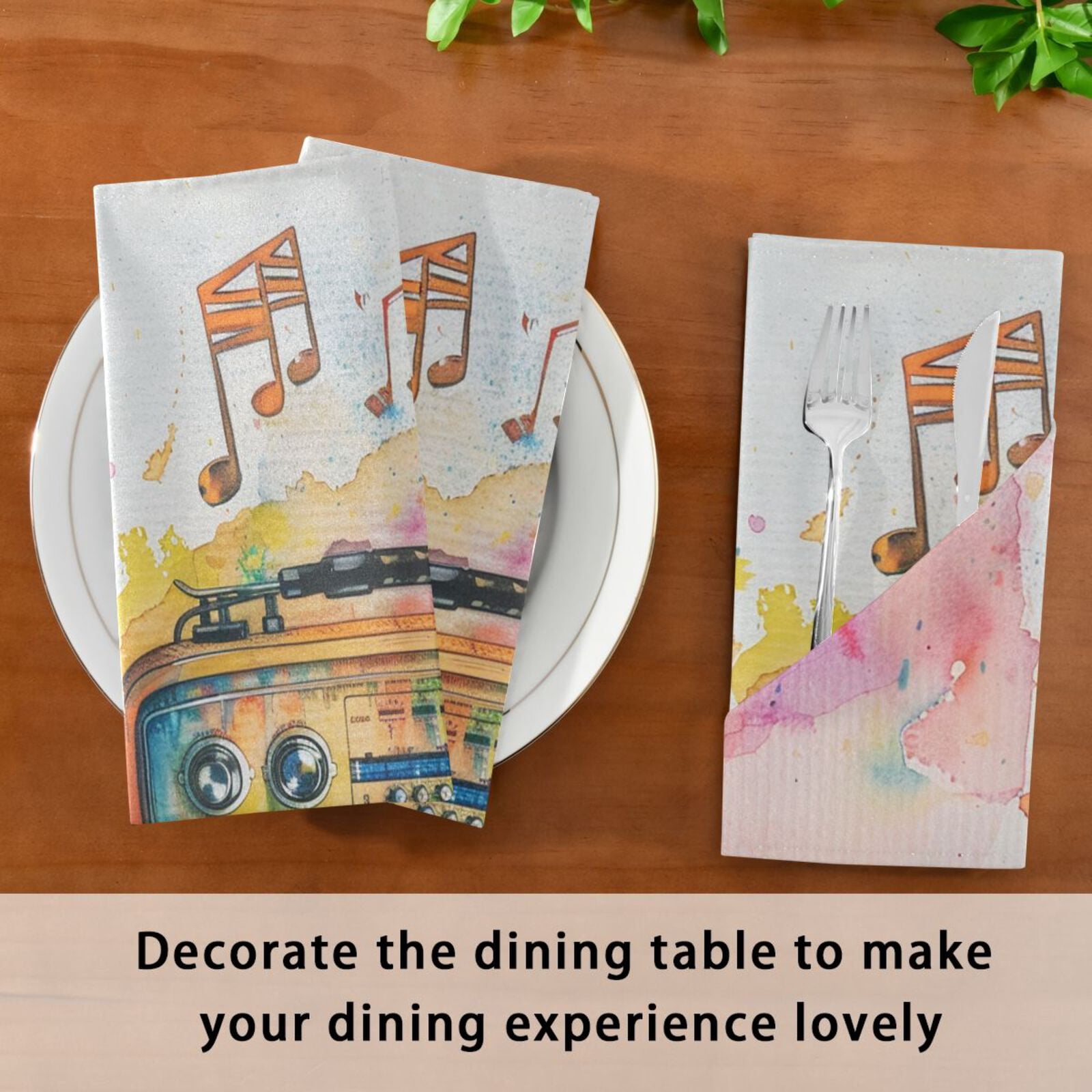 JSTEL Music Note Rainbow Radio Cloth Napkins Set of 6, 20x20 Inch Washable and Reusable Napkin for Decoupage Dinner Party Everyday Use