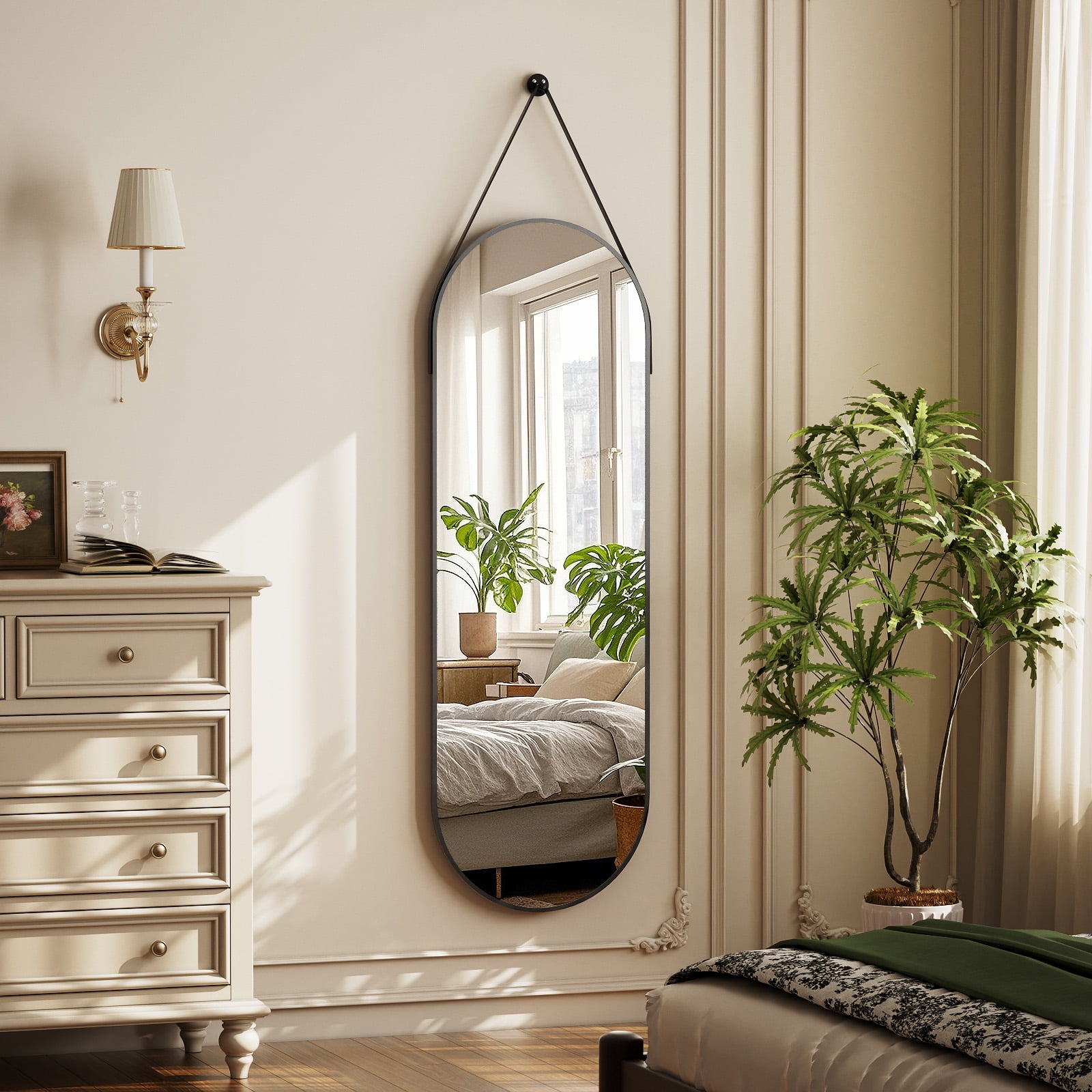 BEAUTYPEAK 48" x 16" Full Length Mirror Oval Hanging Wall Mirror with Leather Strap,Black