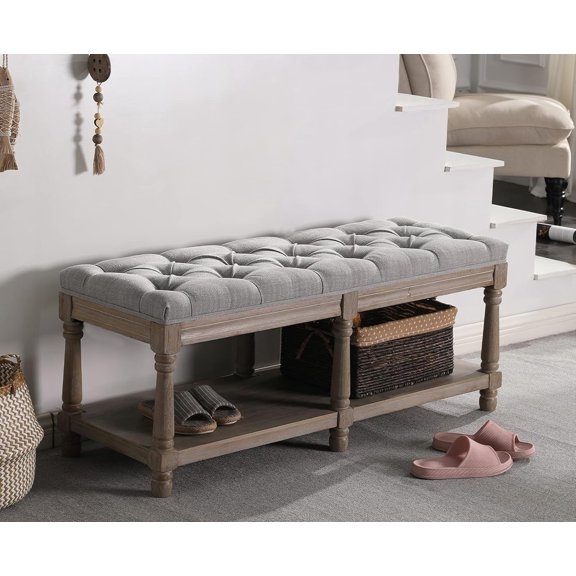 chairus Shoe Rack Bench Storage Vintage Bedroom Padded Bench Seat End of Bed, Fabric Tufted Farmhouse French Entryway Bench with Wood Legs for Hallway Foyer, Gray