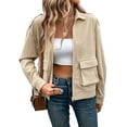 thumbnail image 3 of Women Cropped Jacket Zip Corduroy Shacket Jackets Casual Plaid Long Sleeve Crop Jackets Khaki L, 3 of 9