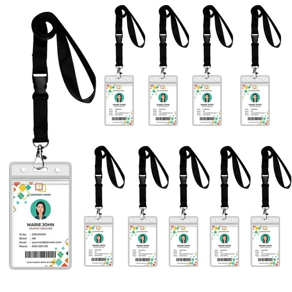 MRSXXNTY 10 Pack Clear ID Badge Holder with Lanyard Black Lanyards with Vertical Waterproof Black Neck Strap Detachable Buckle Lanyard for Office, Travel
