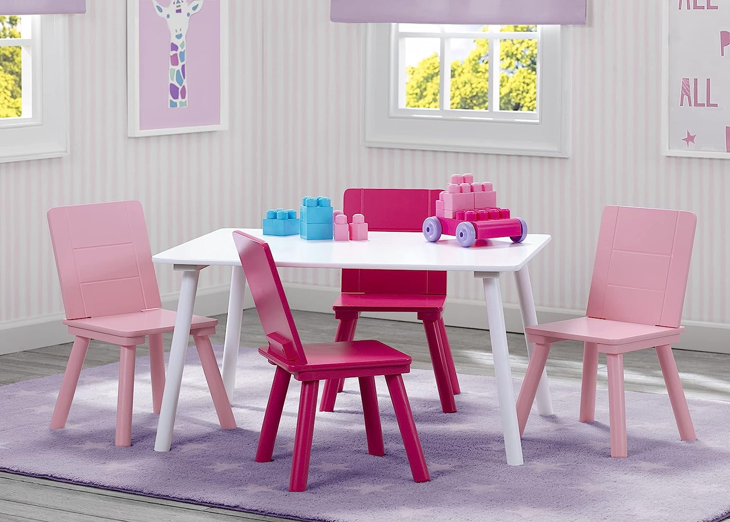 Delta Children Kids Chair Set and Table (4 Chairs Included), White/Pink