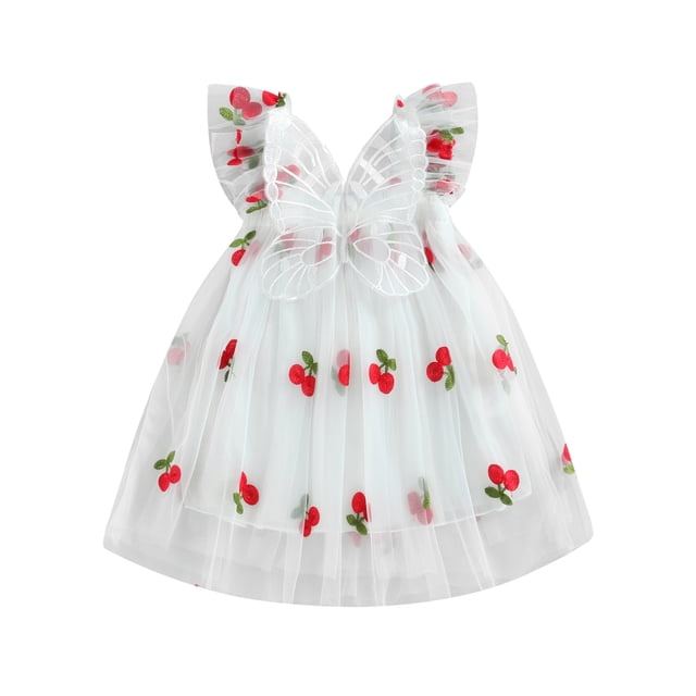 Vestido De Princesa Para NiñA, Vestido De Mariposa De Tul Con Estampado De Cereza Y Mangas Volantes