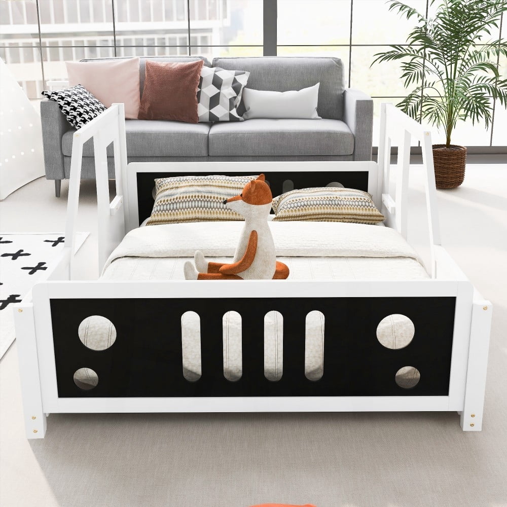 Classic White Full Size Car-Shaped Platform Bed with Wheels and Enduring Quality
